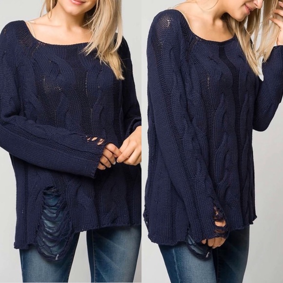 SHOPICANDIES.COM Sweaters - Navy Sweater Distress Style Oversize Pullover Top